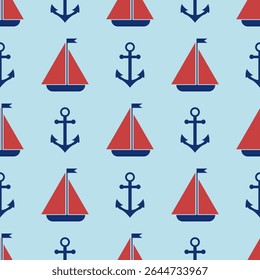 Nautical seamless background. Marine sea patterns. Set blue print with sailboat, anchor, waves, polka dot, zigzag. Childish texture for baby shower, scrapbooking. Geometric design. Vector illustration