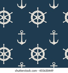 Nautical seamless background pattern with isolated white icon set on the marine theme vector illustration