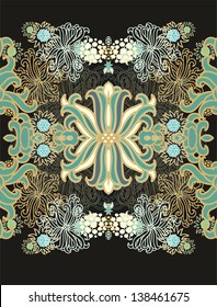 Nautical seamless border ornament, weaved border pattern with sea anemones, algae, on dark background