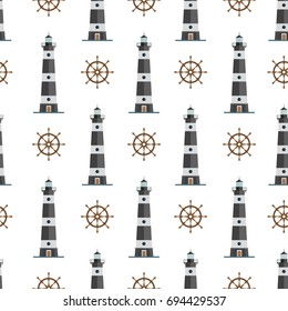 Nautical seamless marine pattern with lighthouse and steering wheel. Searchlight tower for maritime navigation guidance and rudder. Template for wallpaper, fabric, wrapping paper. Vector illustration