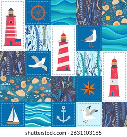 Nautical seamless patchwork pattern with cute cartoon seagulls, yachts, fish, lighthouses, seaweed, sea shells, waves, anchors, compass, starfish. Beautiful print for fabric.