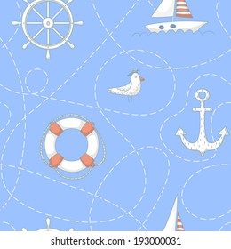 Nautical seamless pattern with an albatross, a yacht, anchor, steering wheel and life buoy. EPS 10. No transparency. No gradients.