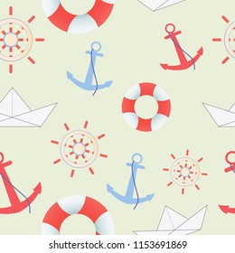 Nautical seamless pattern with anchor, lifebuoy, paper boat and steering wheel. Sea theme. Marine seamless pattern on the light green background.