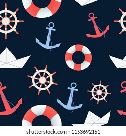 Nautical seamless pattern with anchor, lifebuoy, paper boat and steering wheel. Sea theme. Marine seamless pattern on the dark blue background.