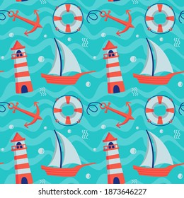 Nautical Seamless Pattern with Anchor, Lifebuoy, Lighthouse, and Sailing Ship. You can use this design to create poster, tshirt, pillow, tote bag, pouch, phone case, etc.