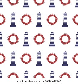Nautical seamless pattern with anchor and porthole.  Vector illustration