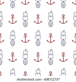Nautical seamless pattern with anchor and porthole.  Vector illustration