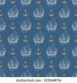 Nautical seamless pattern with anchor and sail boat on a navy blue background