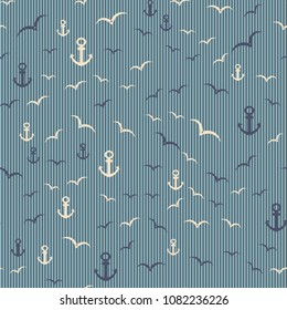 Nautical seamless pattern with anchor and seagulls. On the striped background. Vector illustration.