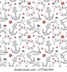 Nautical seamless pattern with anchor, seagulls and lifebuoy. Cartoon vector elements isolated on white background. Marine symbols. Summer trip. Cute kid illustration for textile, print, wallpaper