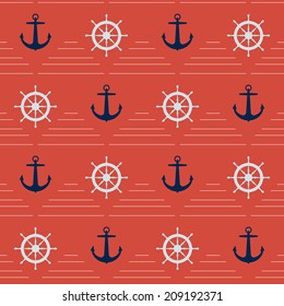 Nautical seamless pattern with anchor and ship wheel