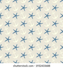 Nautical seamless pattern with anchor and starfish 