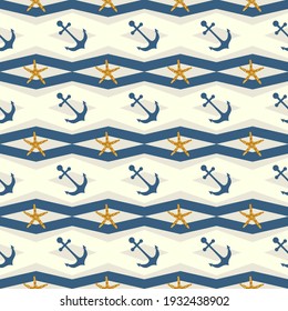 Nautical seamless pattern with anchor and starfish on a zigzag, chevron geometric background graphic design.  Pattern in swatch