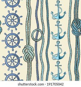 Nautical seamless pattern of anchor, wheel and rope with marine knots