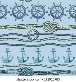 Nautical seamless pattern of anchor, wheel and rope with marine knots