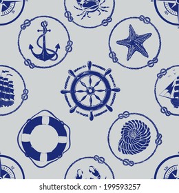 Nautical seamless pattern with anchor, wheel, compass, lifebuoy, ship, starfish, seashell and crab