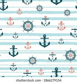 nautical seamless pattern, Anchors, Boat steering wheel on blue wave background