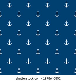 Nautical seamless pattern with  anchors on blue background. Ship and boat steering wheel ornament. Marine wallpaper with rudder. Summer vector flat illustration.