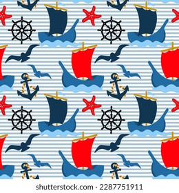 Nautical seamless pattern, anchors, seagulls, lifebuoy, steering wheels, ships on a striped background. Background, print, vector