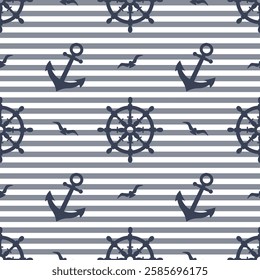 Nautical seamless pattern with anchors, seagulls, steering wheels on a striped background. Background, print