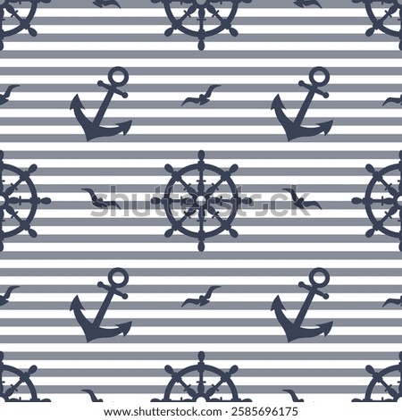 Nautical seamless pattern with anchors, seagulls, steering wheels on a striped background. Background, print