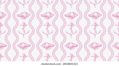 Nautical Seamless Pattern with Anchors Seashells and Rope in Pink and White.