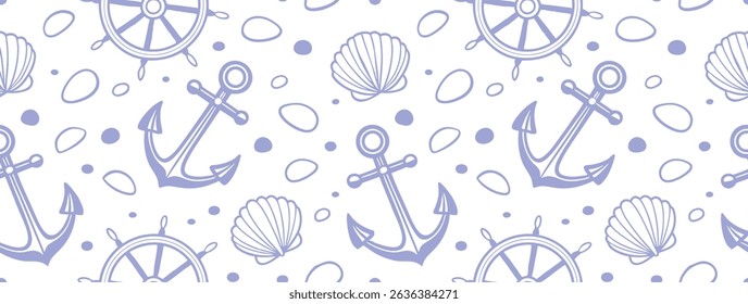 Nautical seamless pattern with anchors, ship wheels, seashells, and pebbles in soft blue outline style. Perfect for marine themes, beach designs, or ocean-inspired backgrounds.