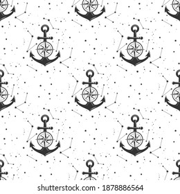Nautical seamless pattern with  anchors, stars and constellations on white. Ship and boat steering wheel ornament. Marine background with rudder. Summer vector flat illustration.