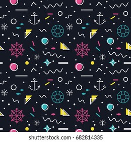 Nautical seamless pattern with anchors, steering wheels, lifebelts, fishes and with abstract geometric shapes in memphis style. Trendy retro background. Vector illustration.