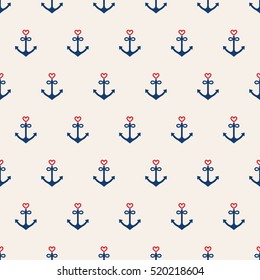 Nautical seamless pattern background with anchors and hearts