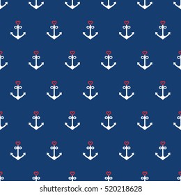 Nautical seamless pattern background with anchors and hearts