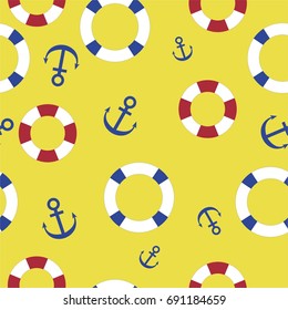 Nautical seamless pattern background with lifeline and anchor on the yellow background. Sea theme.