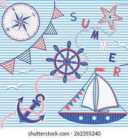Nautical seamless pattern.  Background with marine elements. Colorful Vector illustration.