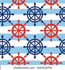 Nautical seamless pattern background with red and blue wheels on the . Sea theme. Vector illustration
