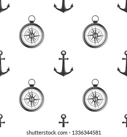 Nautical seamless pattern with black anchors  and compass on white. Ship and boat steering wheel ornament. Marine background with rudder. Summer vector flat illustration.