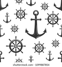 Nautical seamless pattern with black helms and anchors on white. Ship and boat steering wheel ornament. Marine background with rudder. Summer vector flat illustration.