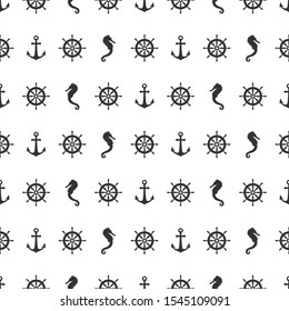Nautical seamless pattern with black helms, anchors and sea-horses on white. Ship and boat steering wheel ornament. Marine background with rudder. Summer vector flat illustration.