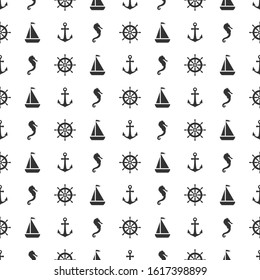 Nautical seamless pattern with black helms, anchors and sea-horses on white. Ship and boat steering wheel ornament. Marine background with rudder. Summer vector flat illustration.
