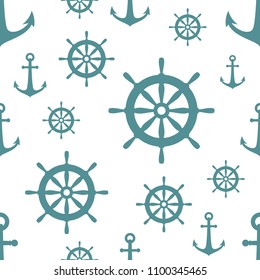 Nautical seamless pattern with blue helms and anchors on white. Ship and boat steering wheel ornament. Marine background with rudder. Summer vector flat illustration.