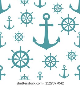 Nautical seamless pattern with blue helms and anchors on white. Ship and boat steering wheel ornament. Marine background with rudder. Summer vector flat illustration.