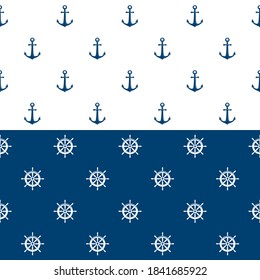 Nautical seamless pattern with blue helms and anchors on white. Ship and boat steering wheel ornament. Marine background with rudder. Summer vector flat illustration.