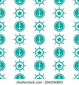 Nautical seamless pattern with blue helms and anchors on white. Ship and boat steering wheel ornament. Marine background with rudder. Summer vector flat illustration.