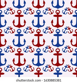 nautical seamless pattern with blue and red anchor on it.  