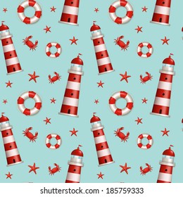Nautical seamless pattern in blue, red and white colors. Sea theme. Vector illustration.