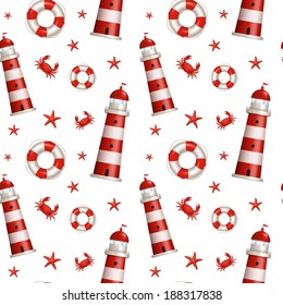 Nautical seamless pattern in blue, red and white colors. Sea theme. Vector illustration.