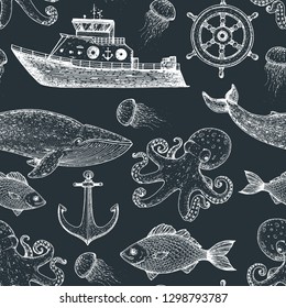 Nautical seamless pattern. Boat, whale, octopus, anchor, jelly fish, steering wheel, fish sketch illustration. Hand drawn illustration. Sea set. Vintage background. 