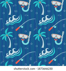 Nautical Seamless Pattern with Coconut Tree, Waves, Snorkeling Mask, and Fishing Rod. You can use this design to create poster, tshirt, pillow, tote bag, pouch, phone case, etc.