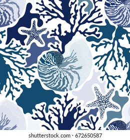 Nautical seamless pattern with colorful shells and corals.Summer vector background.Textile texture