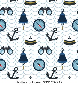 Nautical seamless pattern, compass, binoculars, captain's cap and ship's bell on a background with waves. Background, print, textile, wallpaper	
