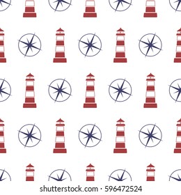 Nautical seamless pattern with compass and lighthouse.  Vector illustration